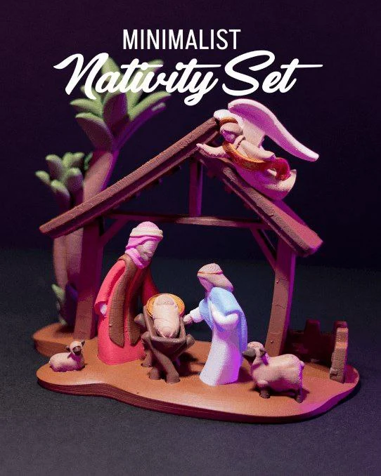 Minimalist nativity scene with stable, Holy Family, angel, animals, and oval display base