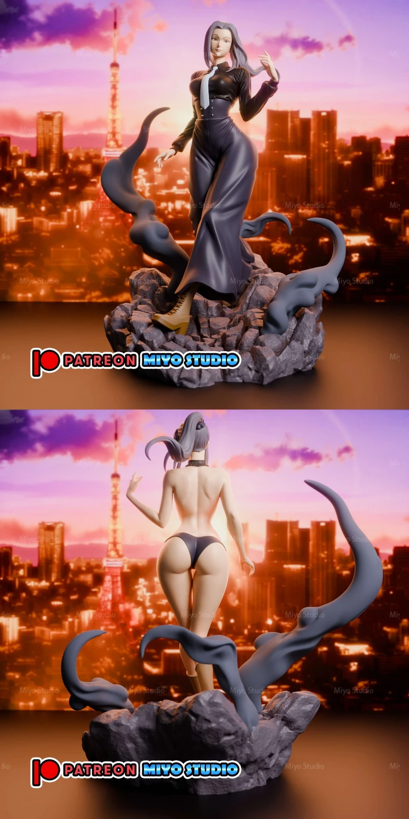 Mei Mei Jujutsu Kaisen statue with gray hair, dark outfit, rocky base, and curling shadow-like forms