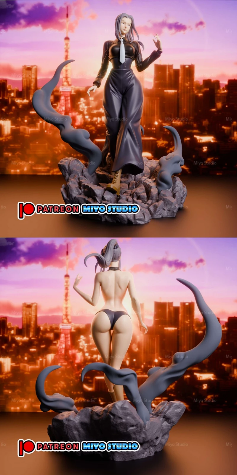 Mei Mei Jujutsu Kaisen statue with gray hair, black outfit, and rocky base