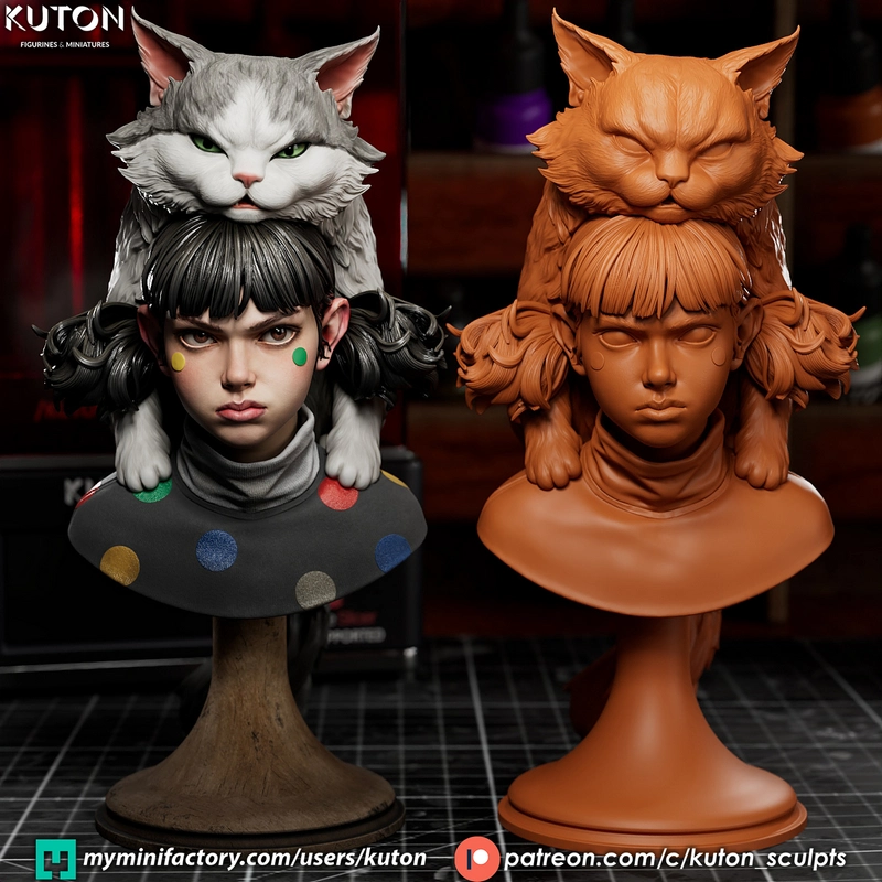 Moki and Wasabi original character cat girl busts with furry cat companions