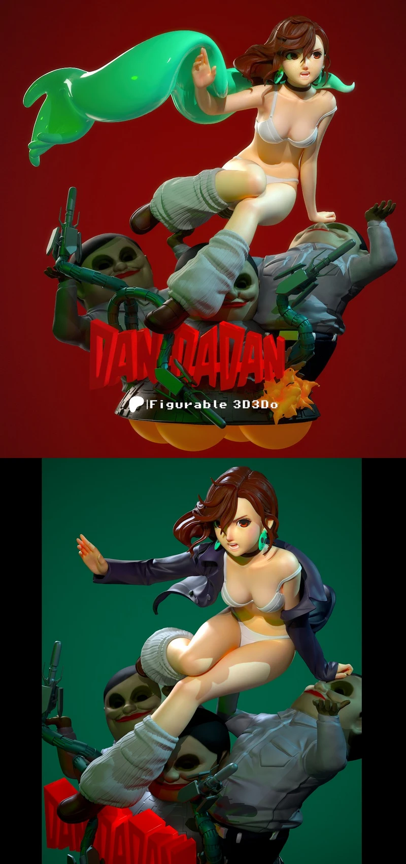 Momo Ayase from Dandadan in a dynamic seated 3D character diorama