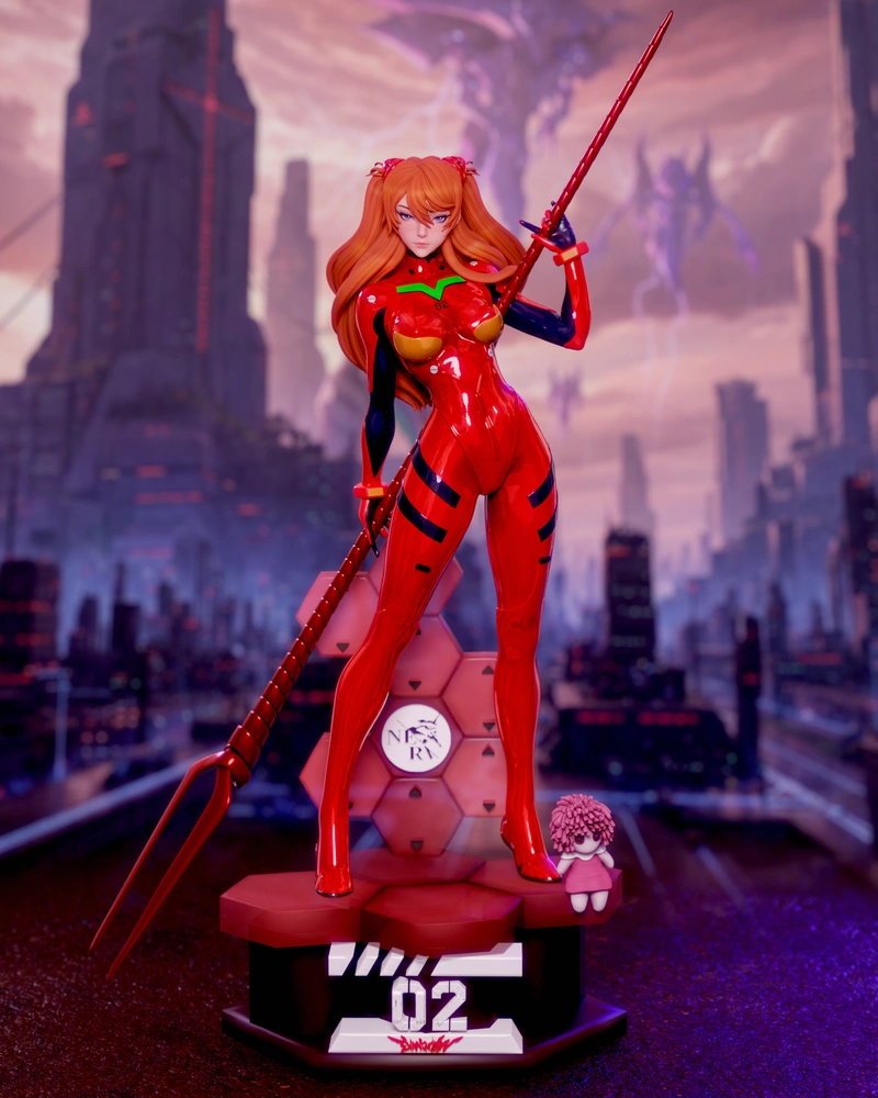 Asuka Langley Evangelion statue in a red plugsuit holding a spear