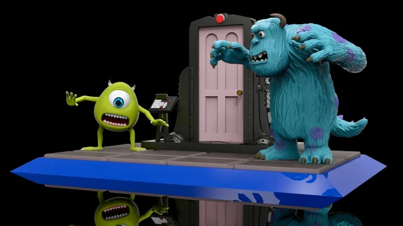 Monsters, Inc. 3D diorama with Mike, Sulley, pink door, and display platform.