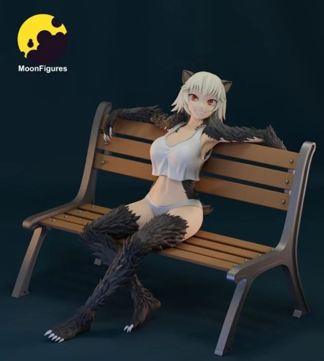 White-haired catgirl statue seated on a wooden park bench