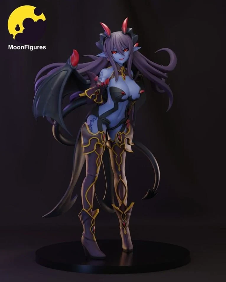 Demon character figure with purple hair, red horns, wings, armor, and a tail