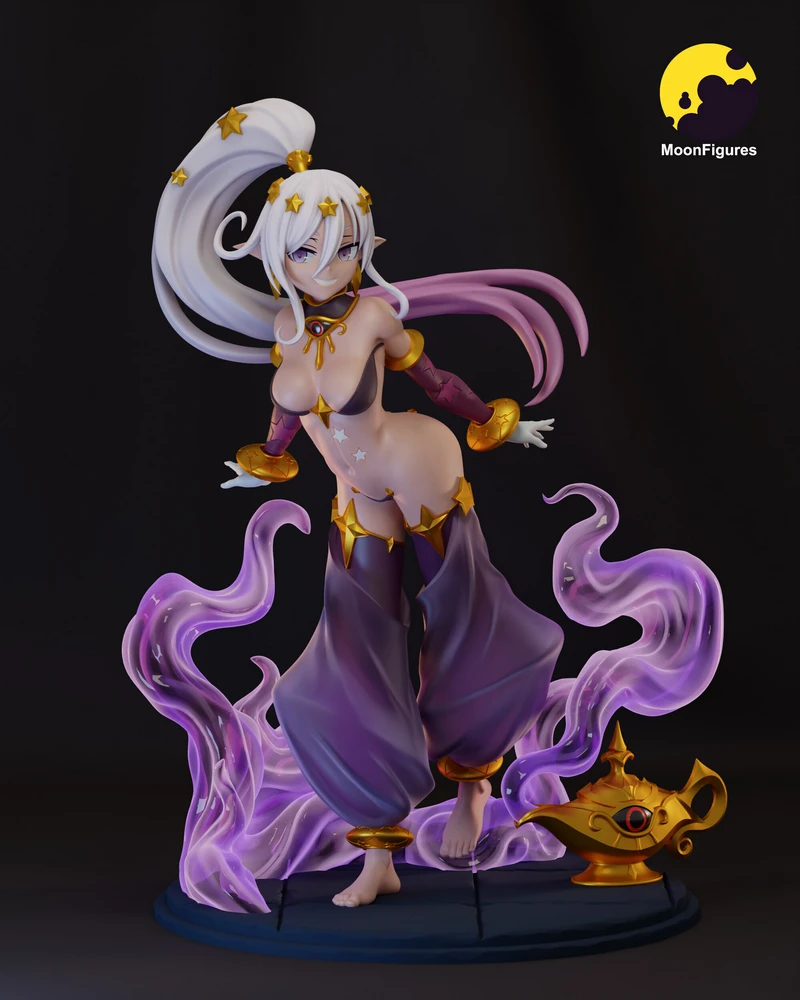 Genie fantasy character statue with purple wisps, white hair, and a gold magic lamp