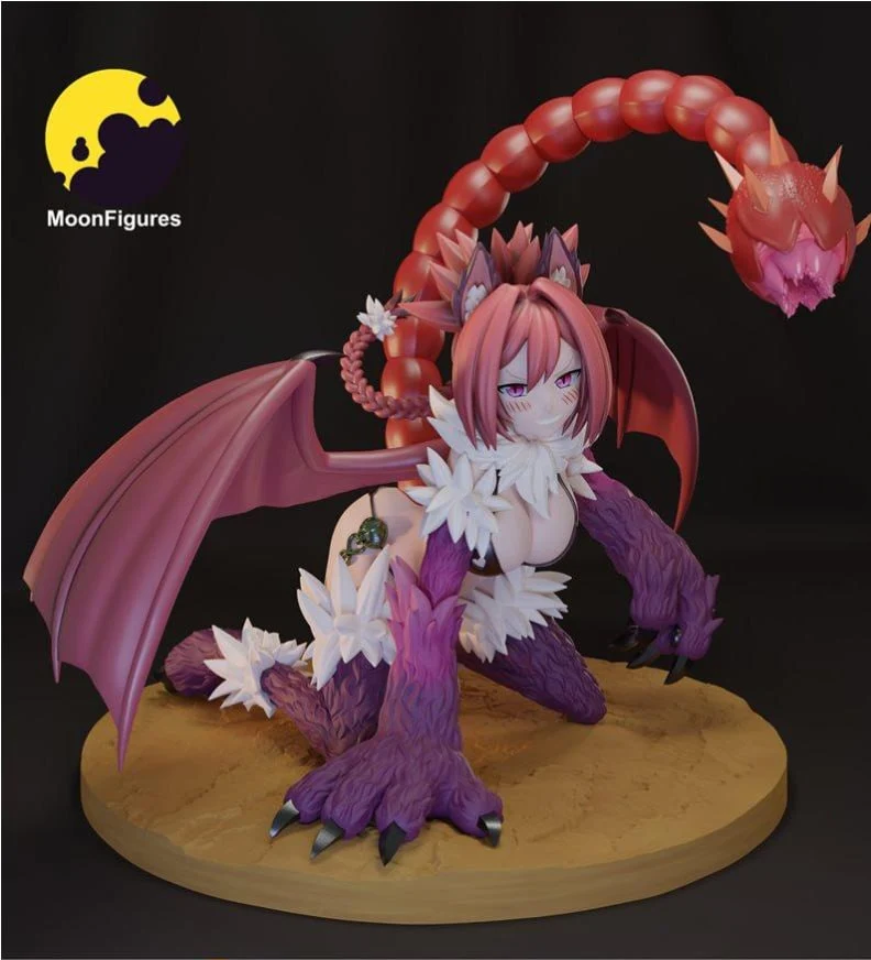 Manticore monster girl statue with wings, spiked tail and display base