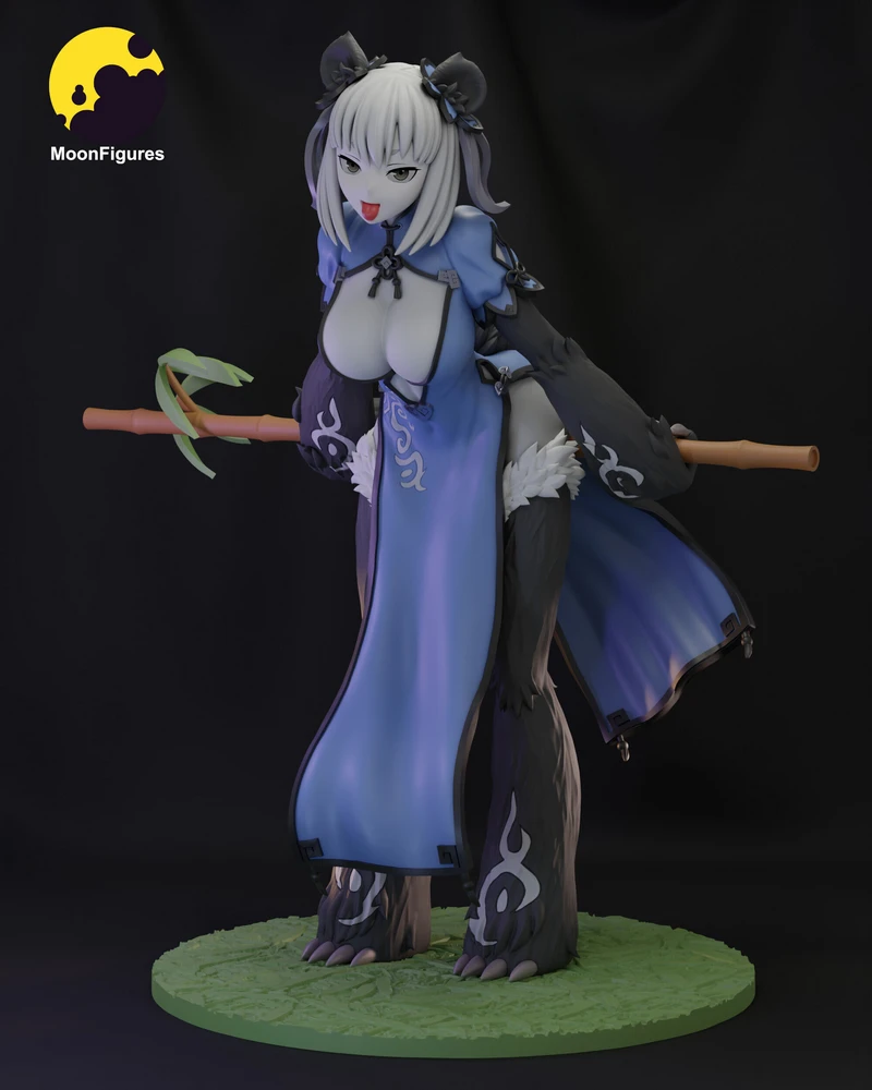 Cat-eared female character in a blue robe holding a staff on a display base