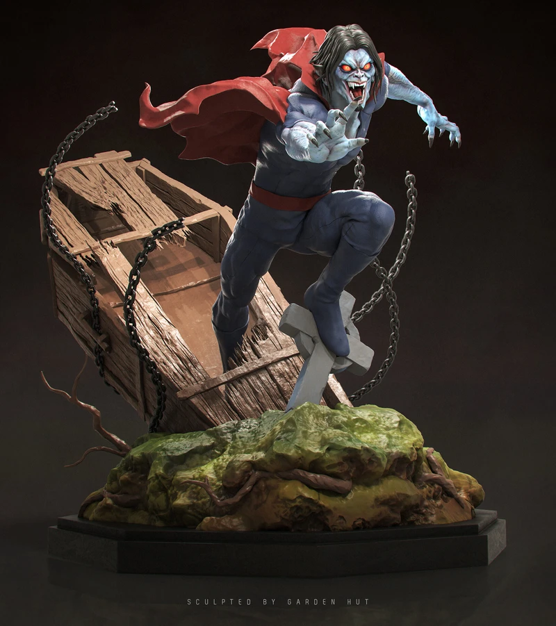 Morbius Marvel statue lunging over a chained coffin on a rocky base