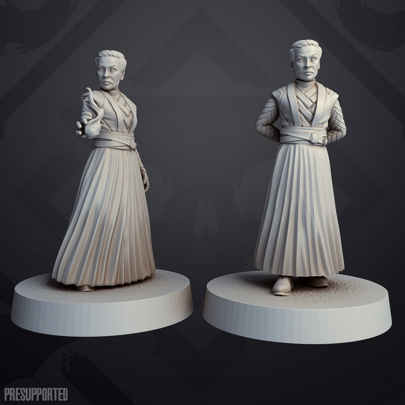 Two Morgan Elsbeth Star Wars character statues in robes on round bases