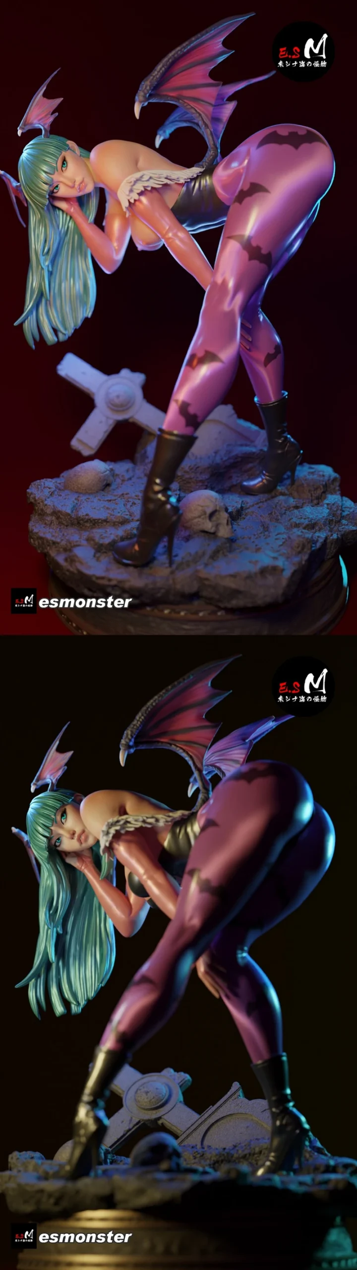 Morrigan from Darkstalkers with bat wings on a rocky display base