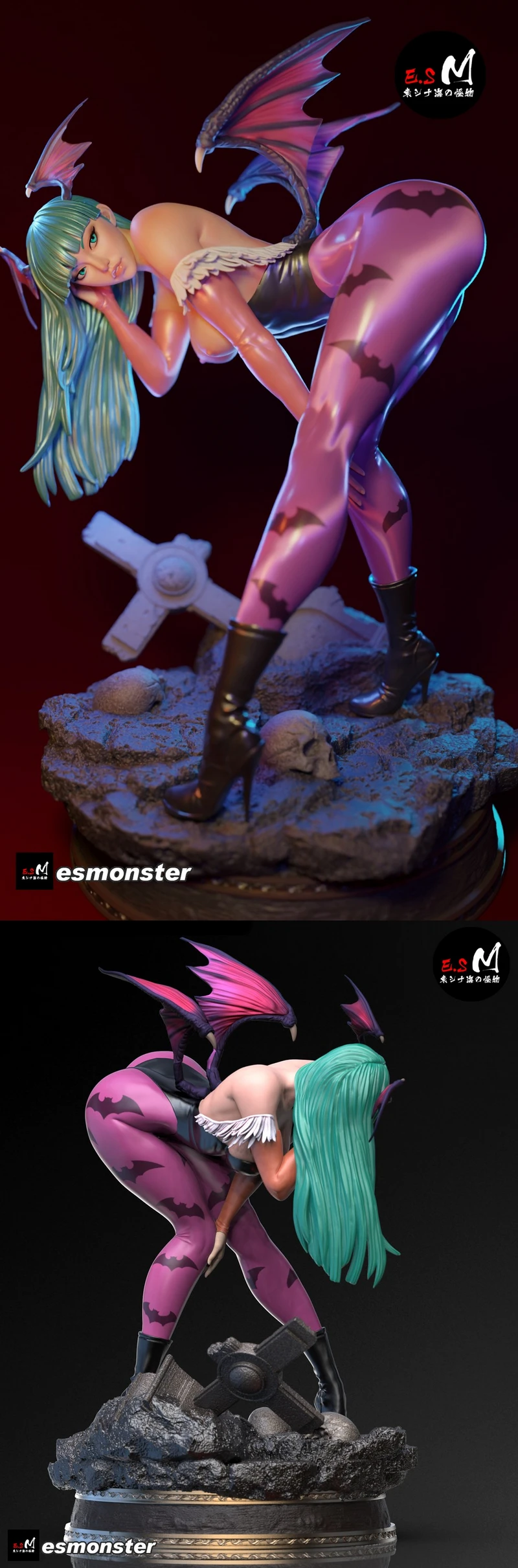 Morrigan Aensland Darkstalkers statue with bat wings on a rocky base