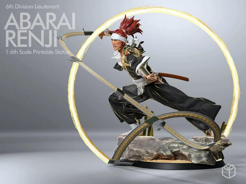 Renji Abarai Bleach statue with a looping blade and rocky base