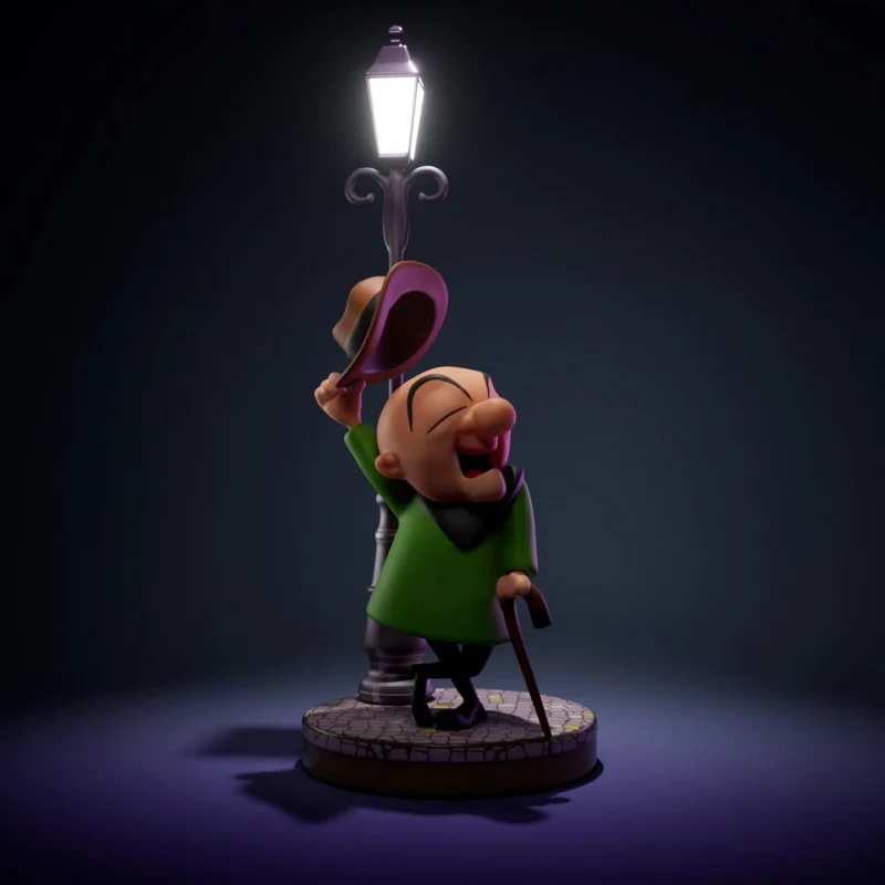 Mr. Magoo figurine with raised hat, cane, green coat, and streetlamp base