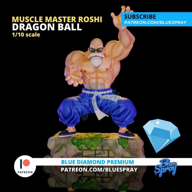 Master Roshi from Dragon Ball, muscular statue with sunglasses, white beard, blue pants, and raised arm