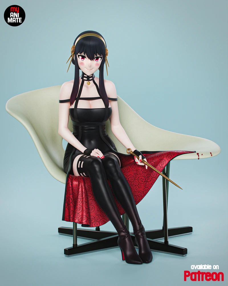Yor Forger seated in a chair with a black dress, boots and a slender weapon