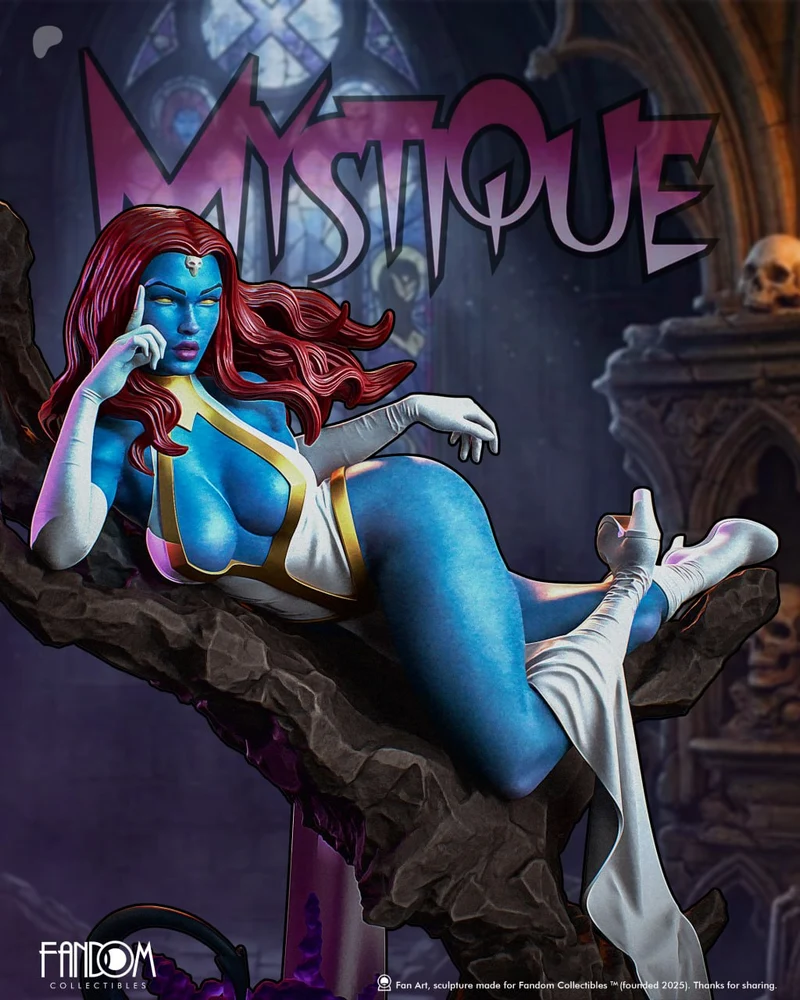Mystique Marvel 3D model with blue skin, red hair, white-and-gold costume, and rocky base
