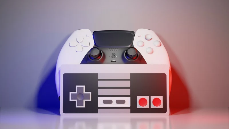 Original NES-style controller holder with D-pad, red buttons, and a gamepad displayed behind it.
