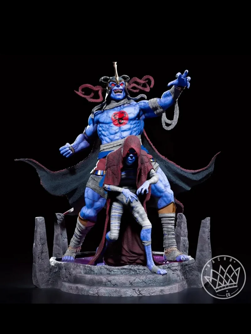 Mumm-Ra ThunderCats 3D model with raised arm, cape, bandages, and rocky display base