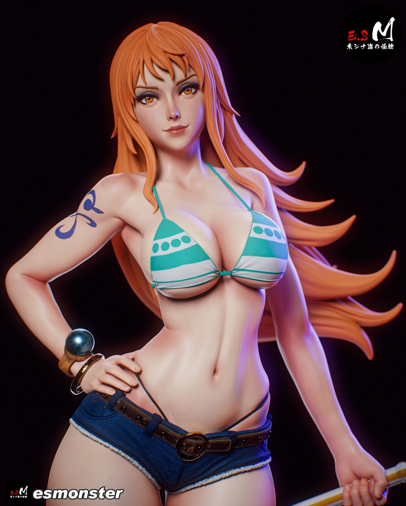 Nami from One Piece 3D model with orange hair, striped top, tattoo, and staff