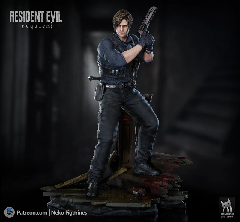 Leon Kennedy Resident Evil figurine holding a handgun on a display base