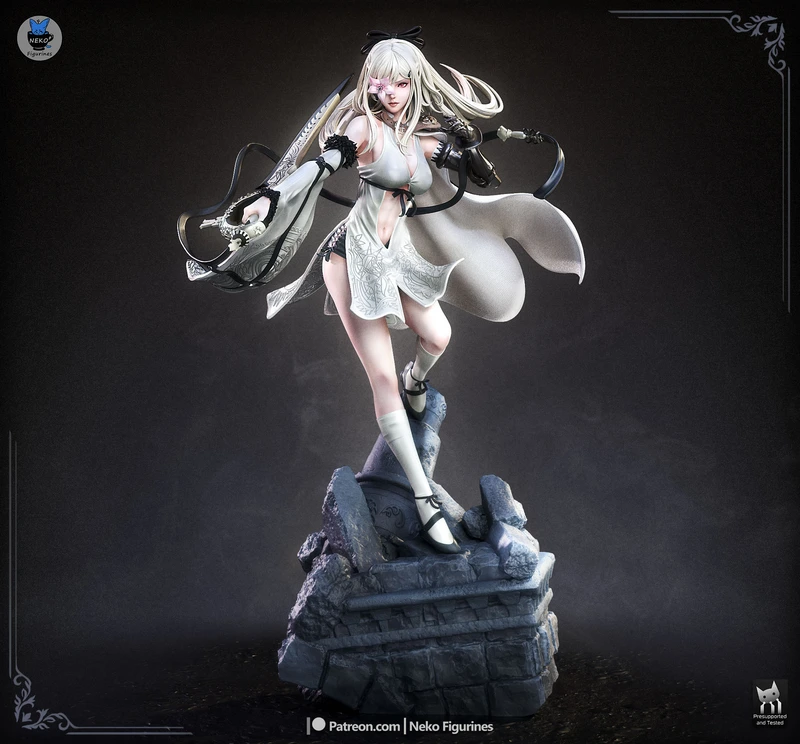 Zero from Drakengard character statue with white hair, curved weapon, and rocky pedestal