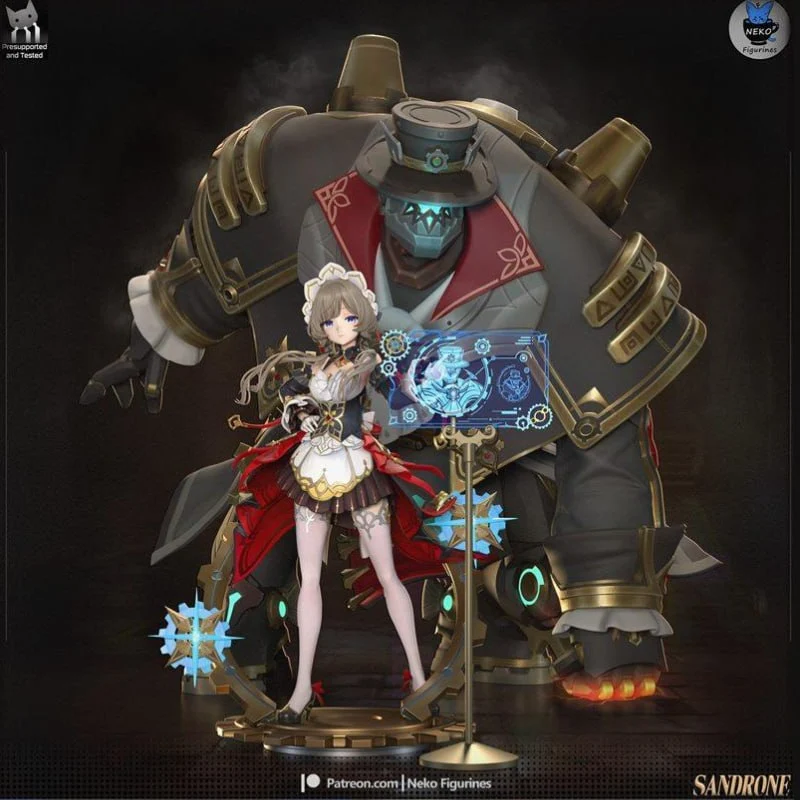 Sandrone beside a large armored automaton with a holographic console