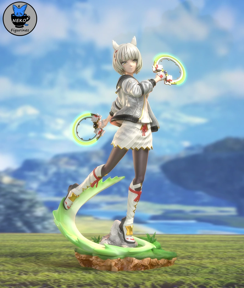 Mio from Xenoblade Chronicles 3 holding glowing ring weapons on a scenic base