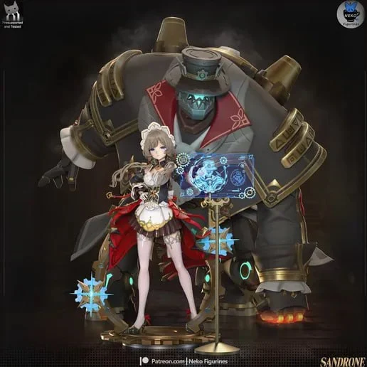 Sandrone and Pulonia with a large armored mechanical puppet from Genshin Impact