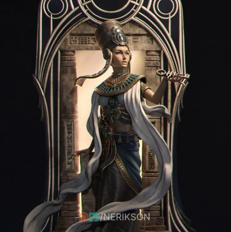 Egyptian-inspired robed woman in a framed Hierophant tarot relief