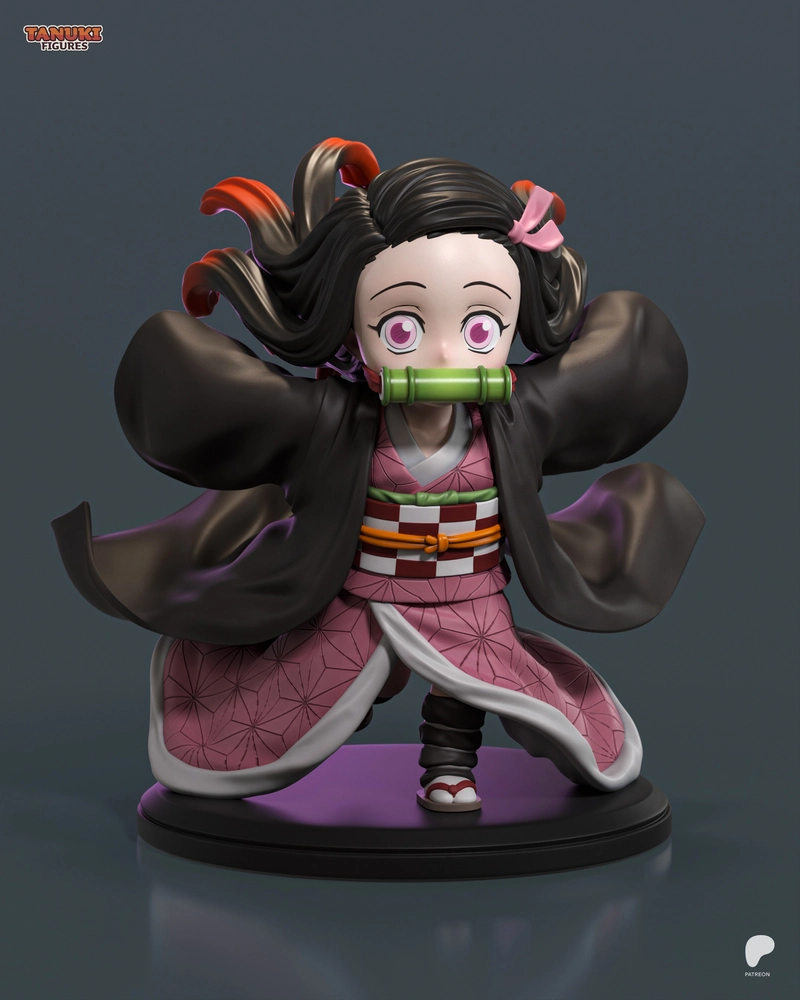 Chibi Nezuko figure with bamboo muzzle, pink kimono, flowing hair, and pedestal base