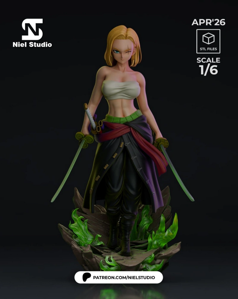 Stylized Roronoa Zoro One Piece swordsman statue with multiple blades and green flames