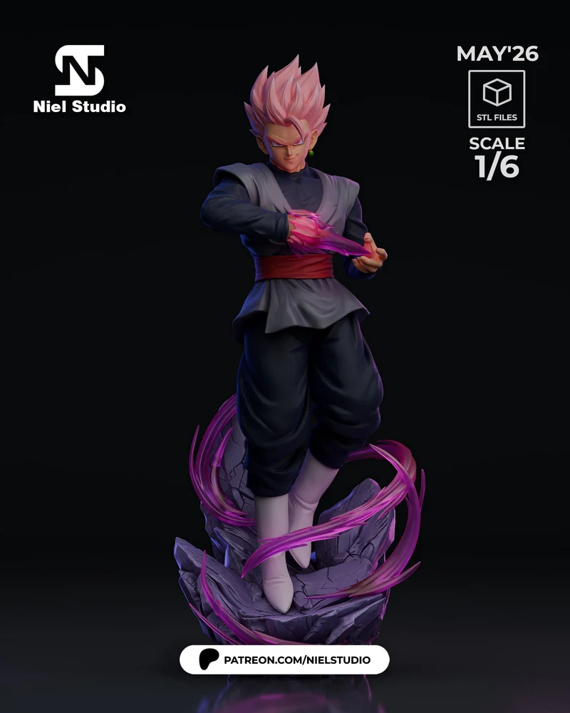 Dragon Ball character statue with pink hair, dark gi, rocky base, and magenta energy effects