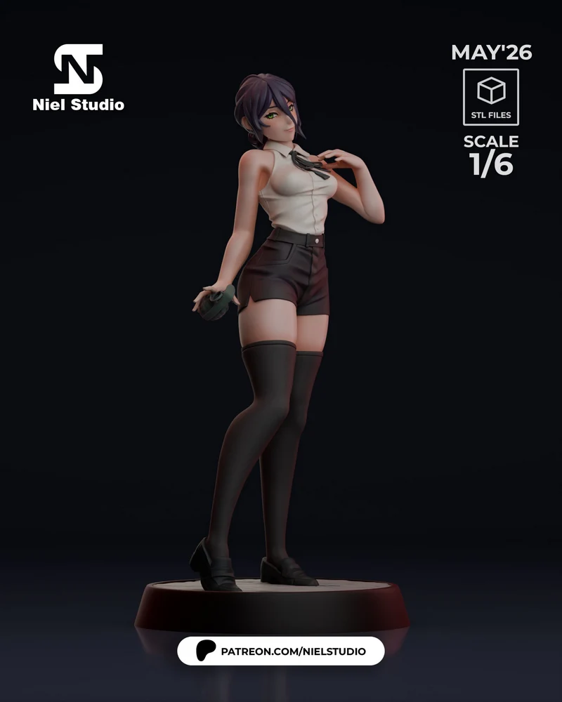 Reze from Chainsaw Man standing in a white top, dark shorts, and thigh-high stockings