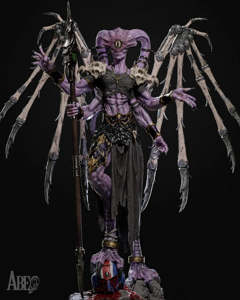 Ninefold Sorcerer purple fantasy figure with staff, many arms, skeletal wings, and a rocky base