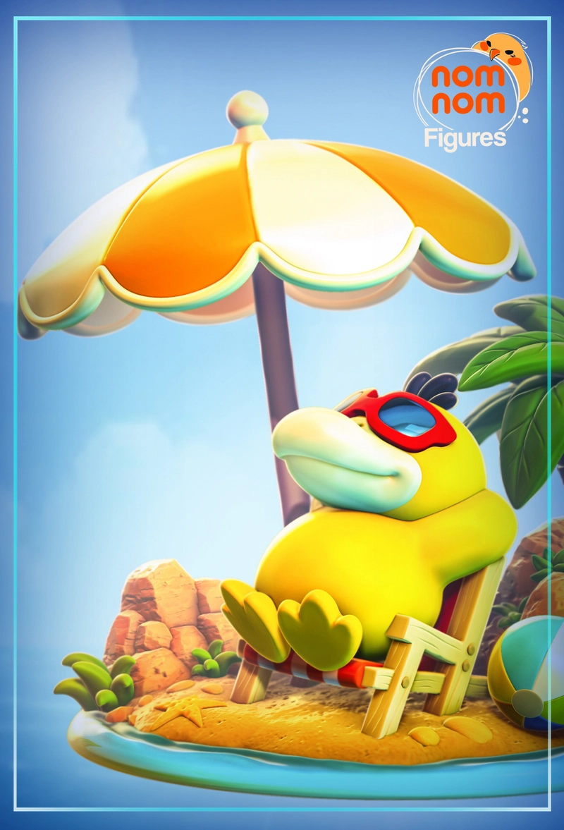 Chibi Psyduck seated in a beach chair under a yellow-orange parasol