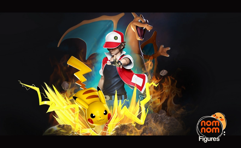 Red Pokémon trainer figure in a red-and-white cap with Pikachu and Charizard in the background