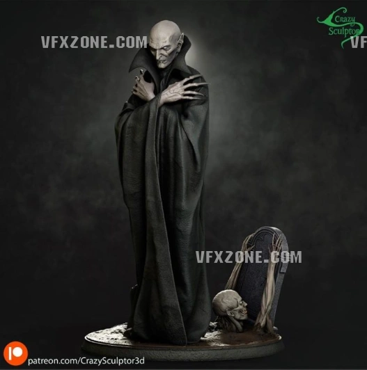 Nosferatu vampire statue in a sweeping cloak on an oval base