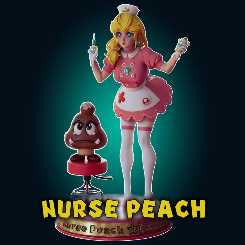 Nurse Peach in a nurse uniform with a Goomba on a display base