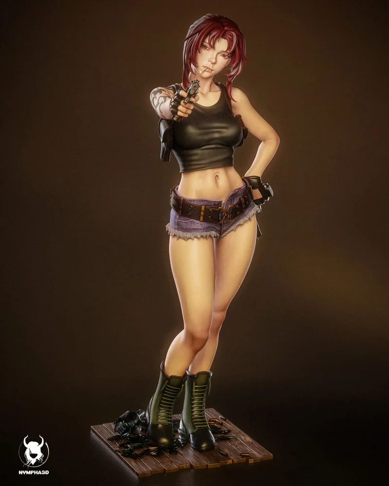 Revy from Black Lagoon statue with handgun on a display base