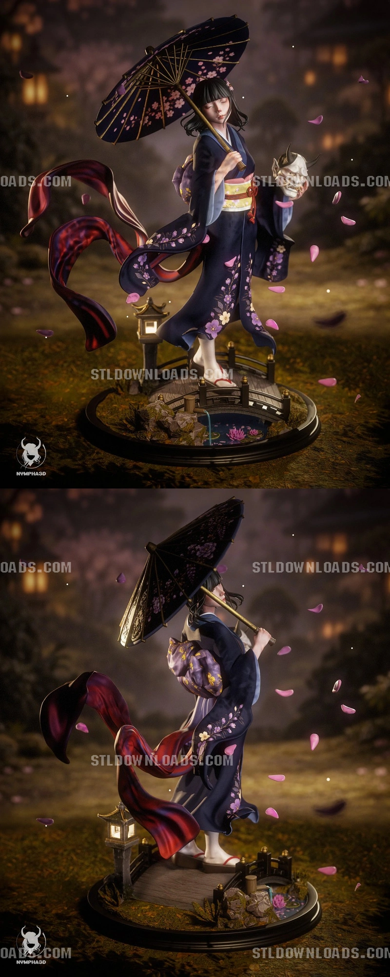 Hannya Maiden figurine with parasol, oni mask, flowing tails, and garden base