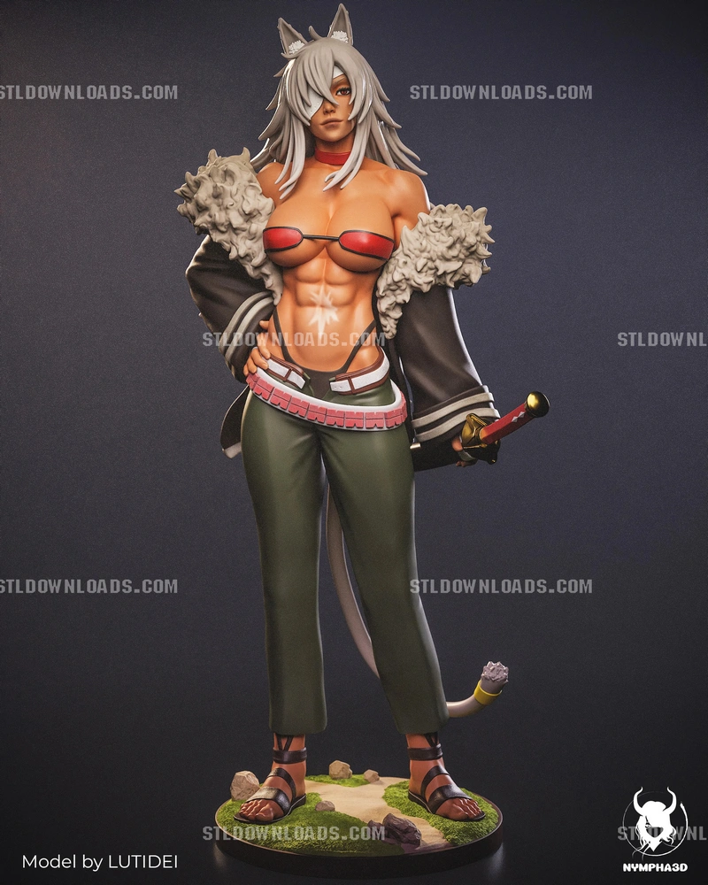 Ghislaine Dedoldia full-body figure with sword, tail, fur mantle, and display base