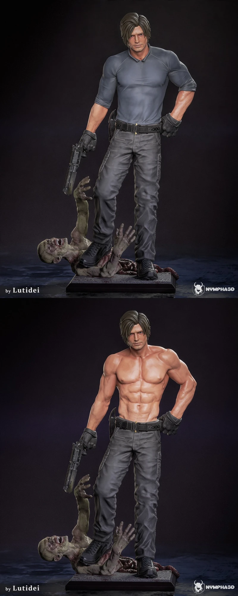 Leon from Resident Evil holding a handgun above a zombie display base