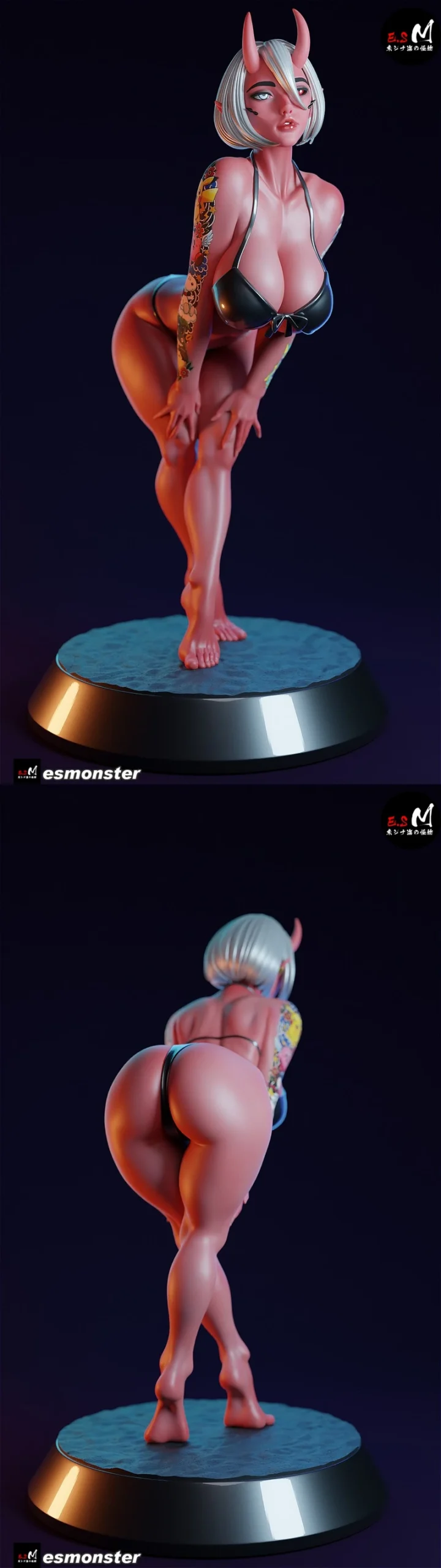 Stylized female oni fantasy figurine with horns on a round display plinth