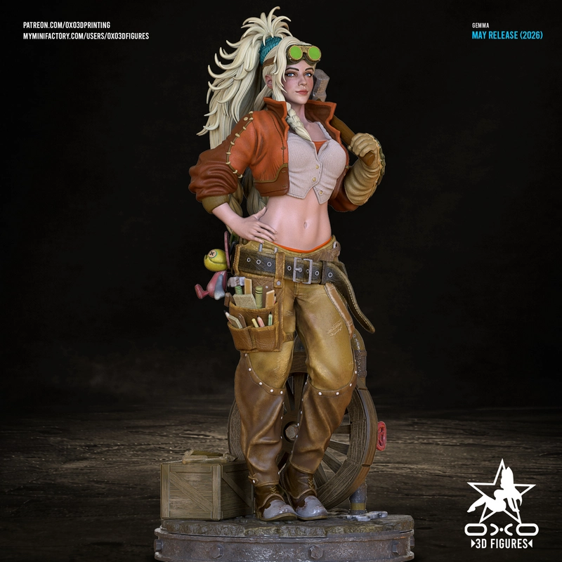 Gemma original character mechanic statue with goggles, tools, and a display base