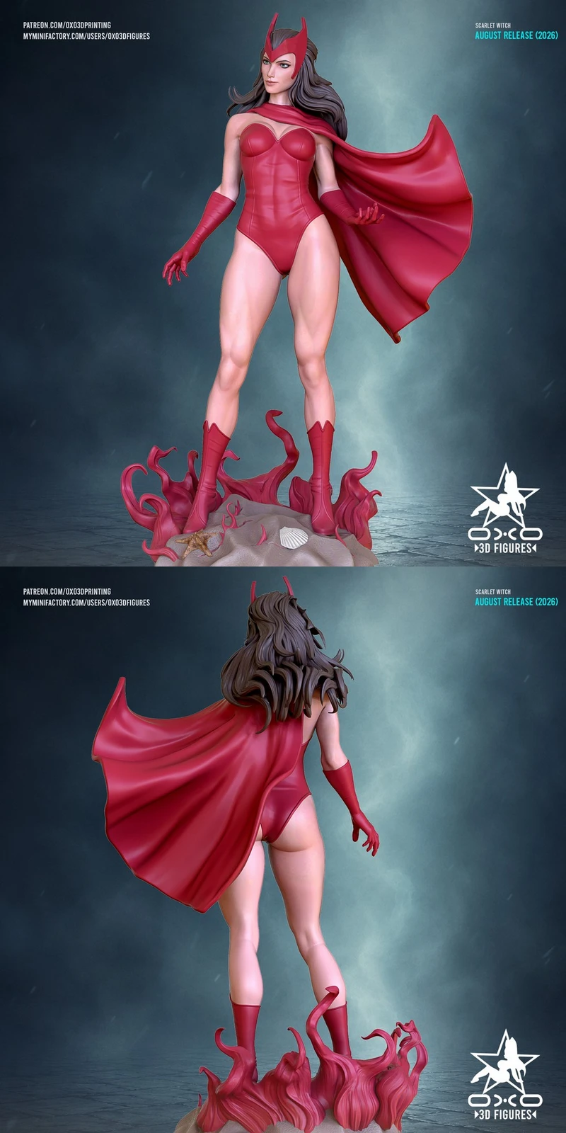 Scarlet Witch 3D figure in a red costume, cape, headpiece, and sculpted base