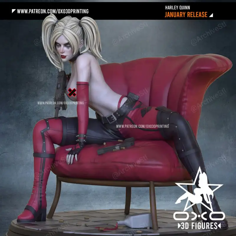 Harley Quinn seated on a red chair in a red and black costume, 3D statue model