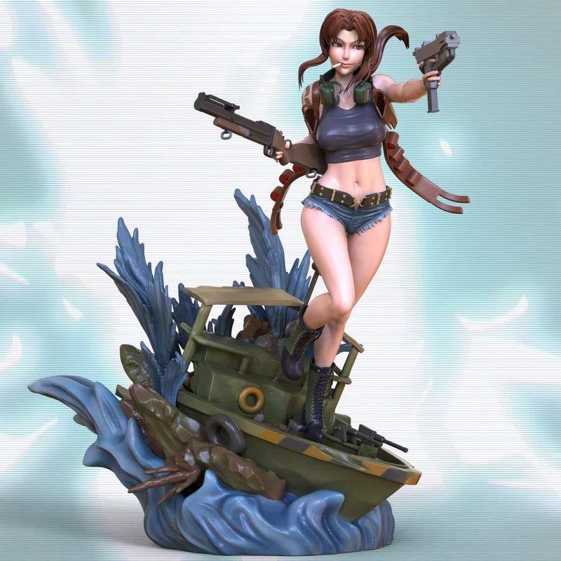 Revy from Black Lagoon holding two pistols on a boat and wave base