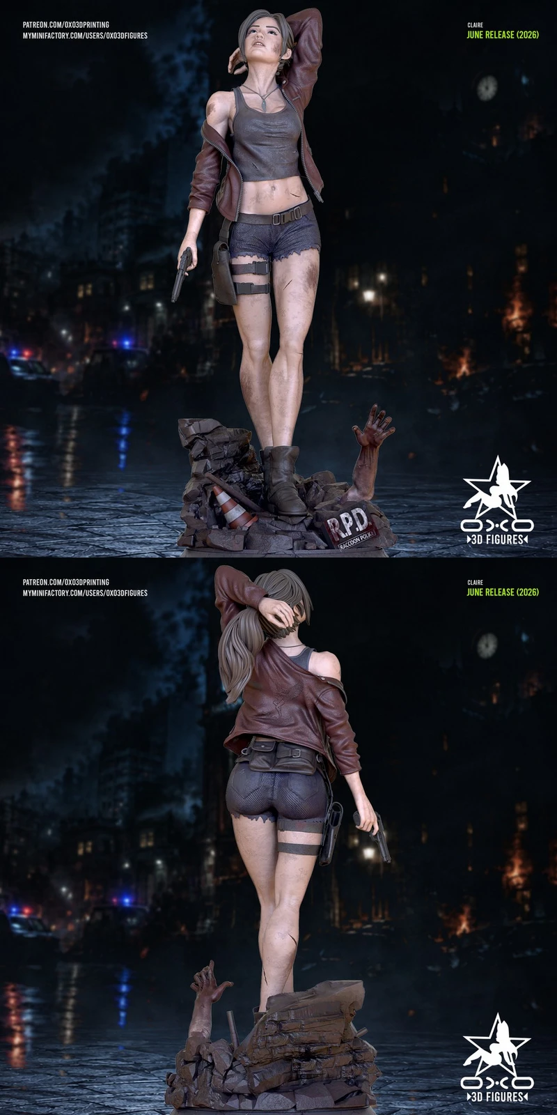 Claire Redfield Resident Evil 3D model on a Raccoon Police rubble base
