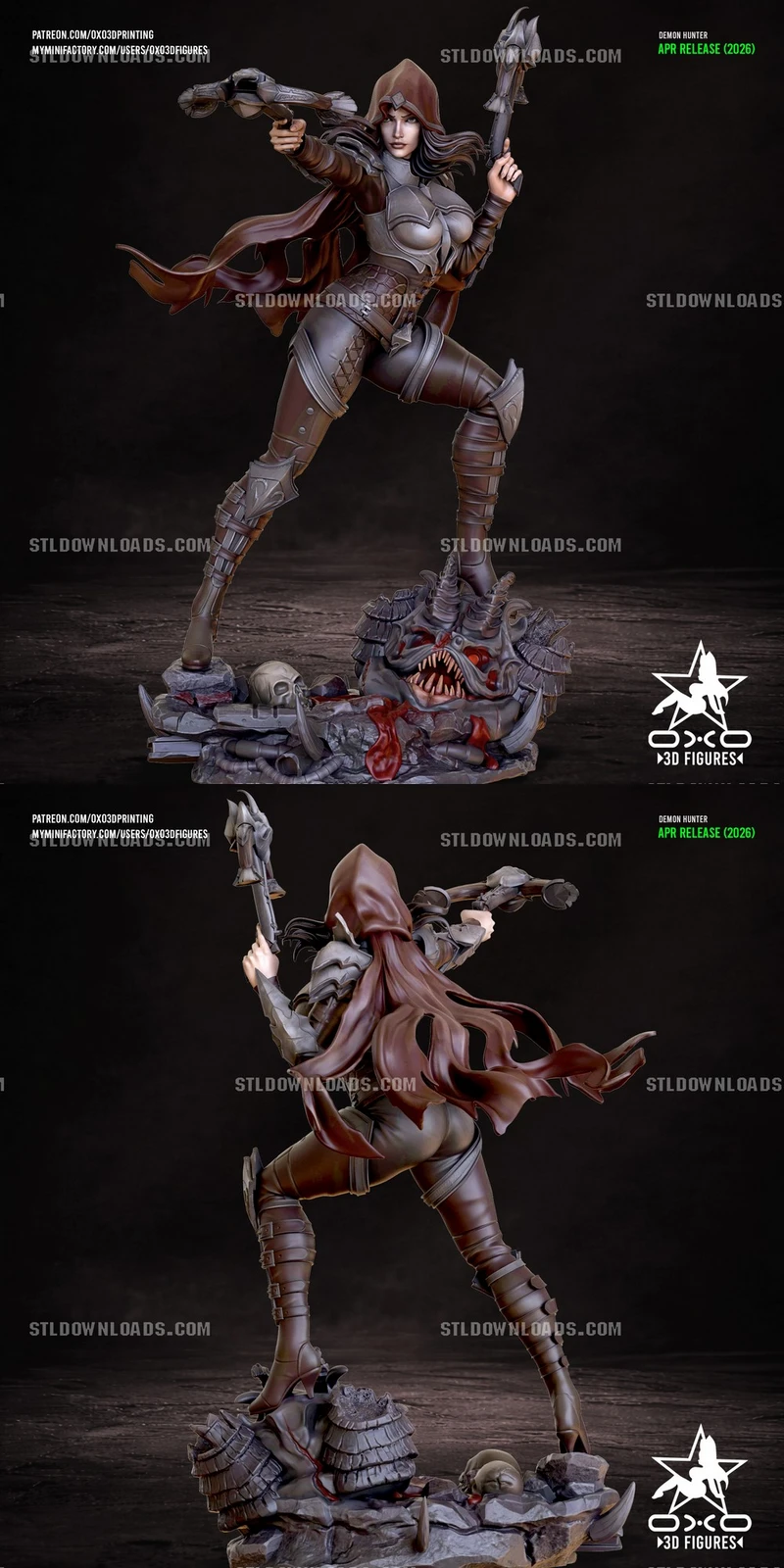 Diablo Demon Hunter statue with dual weapons on a monster-themed base